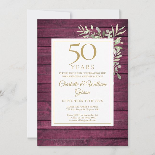 50th Wedding Anniversary Rustic Red Wood Greenery  Invitation (Front)