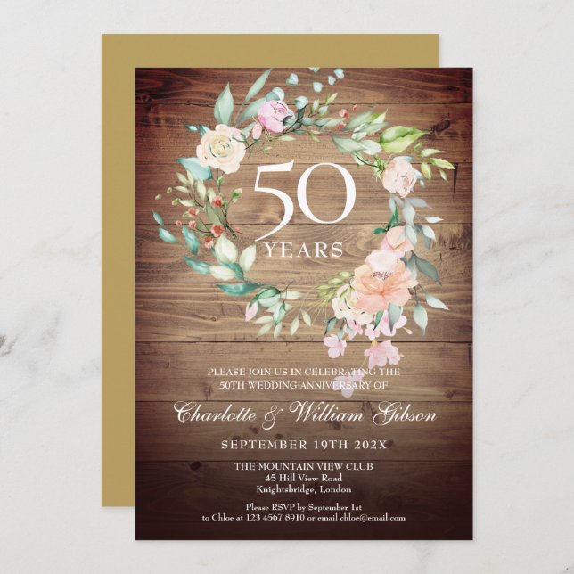 50th Wedding Anniversary Rustic Roses Floral Invitation (Front/Back)