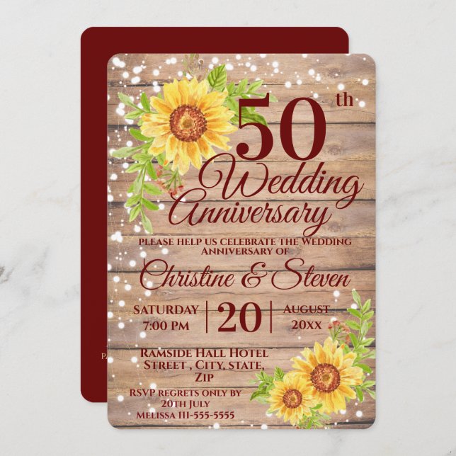 50th Wedding Anniversary Rustic Sunflower Invitation (Front/Back)