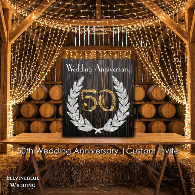 50th Wedding Anniversary | Rustic Wood & Gold Invitation (50th Wedding Anniversary Invite | Rustic Wood & Diamond Laurel. Size: 5.25” x 5.25”)