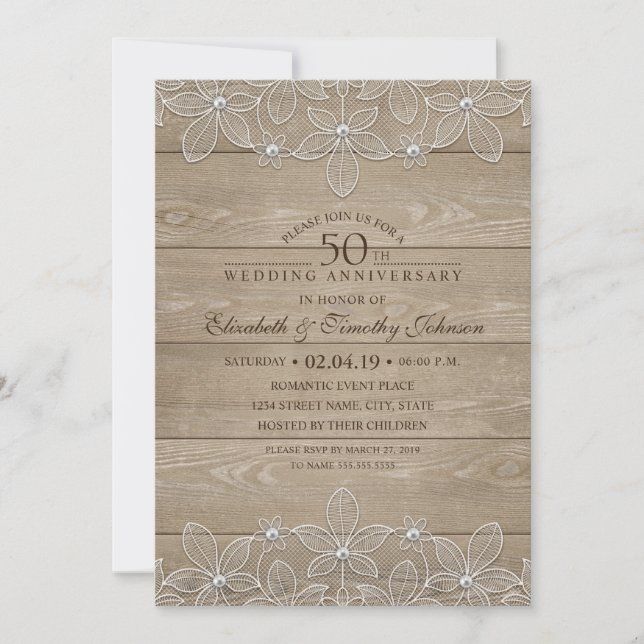50th Wedding Anniversary Rustic Wood Vintage Lace Invitation (Front)