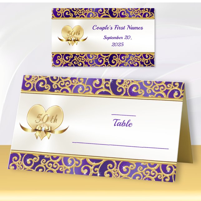 50th Wedding Anniversary Seating Place Cards, Card (Purple and Gold theme. 50th wedding anniversary place cards. Golden anniversary place cards. )