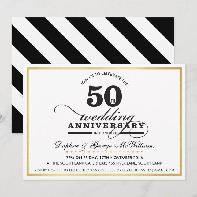 50TH WEDDING ANNIVERSARY stylish gold black invite (Front/Back)