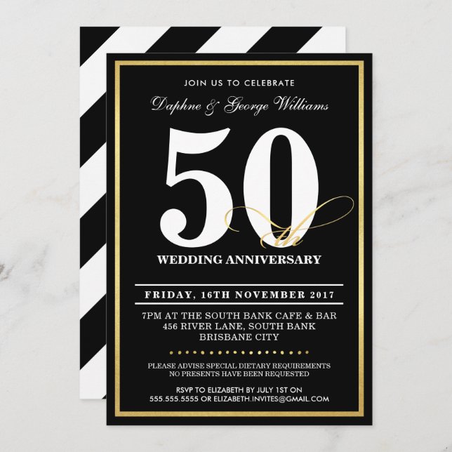 50TH WEDDING ANNIVERSARY stylish gold INVITES (Front/Back)