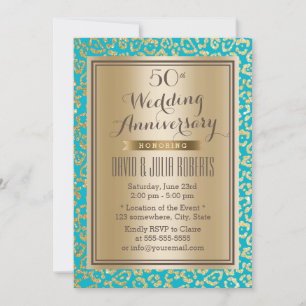 50th Wedding Anniversary Teal & Gold Leopard Print Invitation