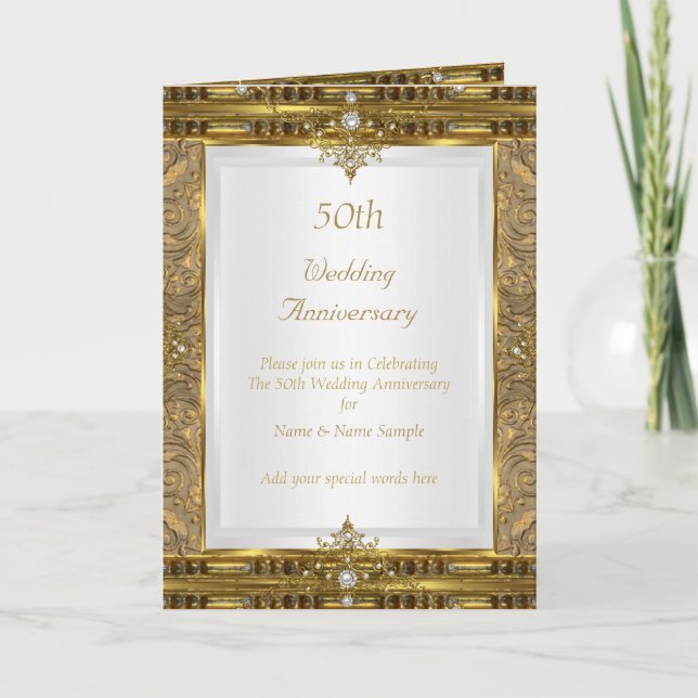 50th Wedding Anniversary Vintage Gold White Pearl Holiday Card (Front)