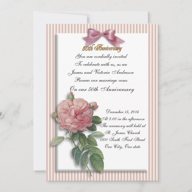 50th Wedding anniversary vow renewal pink rose Invitation (Front)
