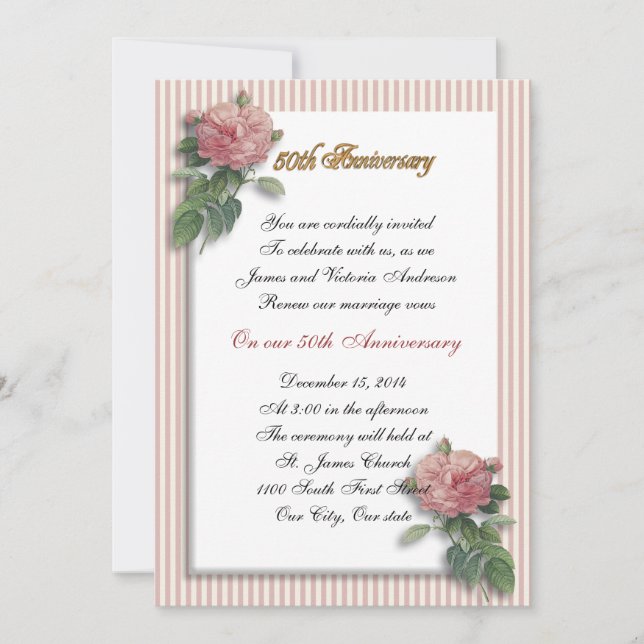 50th Wedding anniversary vow renewal pink roses Invitation (Front)