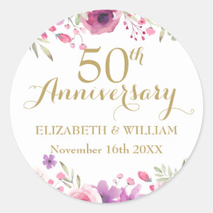 50th Wedding Anniversary Watercolor Floral Classic Round Sticker