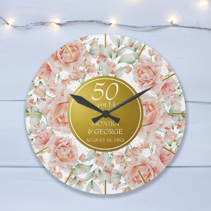 50th Wedding Anniversary Watercolor Floral Gold Large Clock