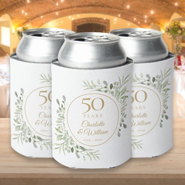 50th Wedding Anniversary Watercolor Greenery Can Cooler (50th Wedding Anniversary Watercolor Greenery Can Cooler)