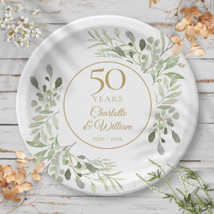 50th Wedding Anniversary Watercolor Greenery  Paper Plate