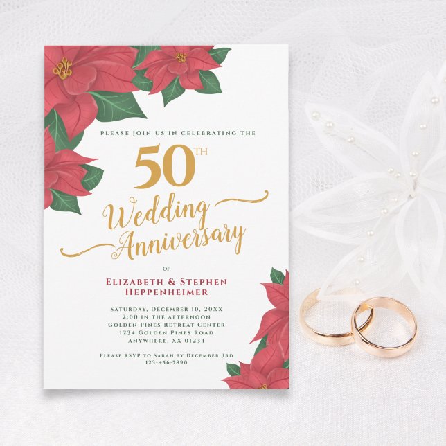 50th Wedding Anniversary Watercolor Red Poinsettia Invitation (50th Wedding Anniversary Watercolor Red Poinsettia Invitation)