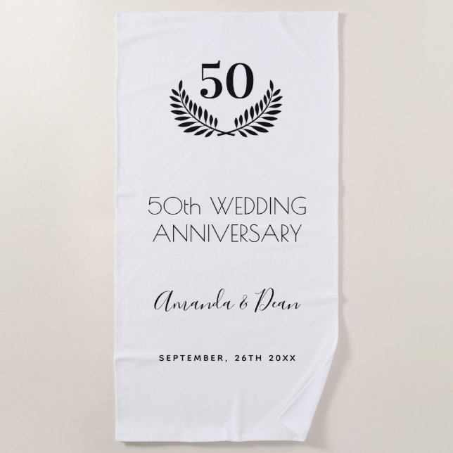 50th wedding anniversary white black wreath beach towel (Front)