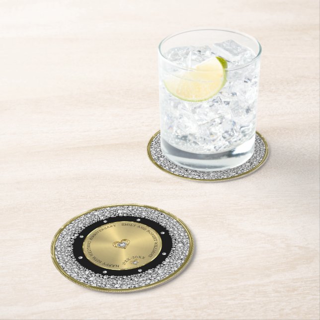 50th wedding Anniversary white diamonds & gold Round Paper Coaster (Insitu)