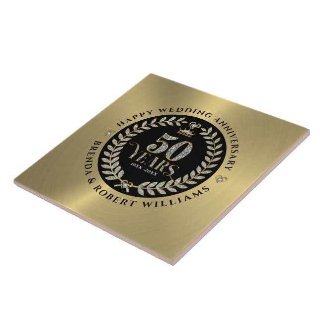 50th wedding anniversary white glitter and gold tile (Side)