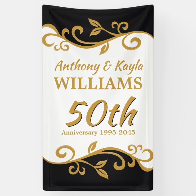 50th Wedding Anniversary White Gold Black Flourish Banner (Vertical)