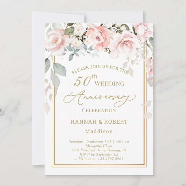 50th Wedding Anniversary White Pink Roses Invite (Front)
