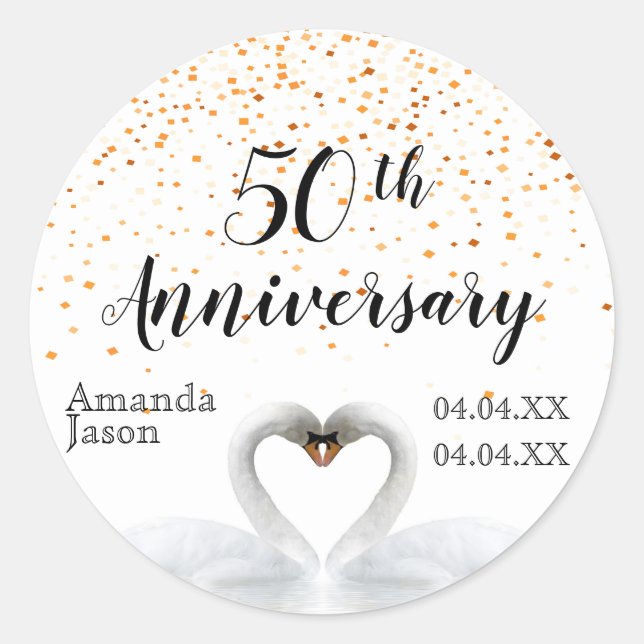 50th wedding anniversary white swans gold confetti classic round sticker (Front)