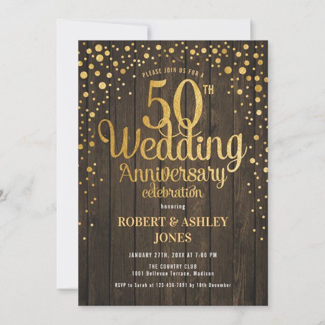 50th Wedding Anniversary - Wood & Gold Invitation (Front)