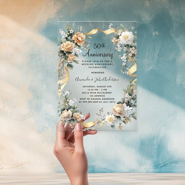 50th wedding anniversary yellow florals gold clear acrylic invitations (Creator Uploaded)