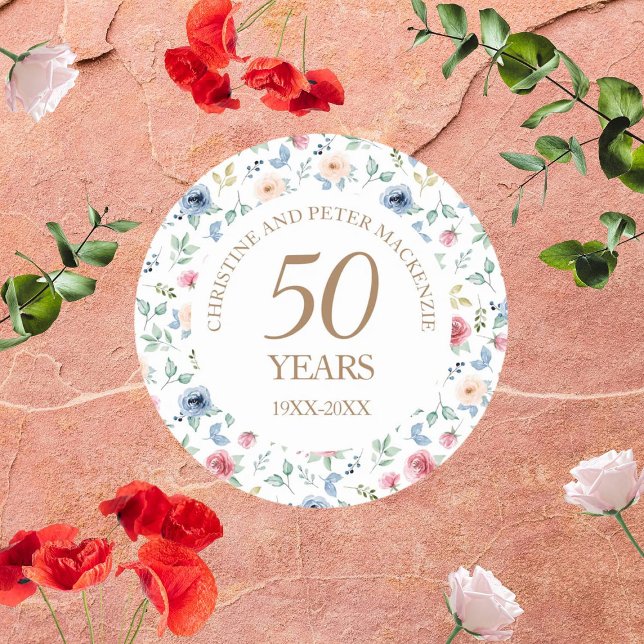 50th Wedding Blush Roses Anniversary Classic Round Sticker (Creator Uploaded)