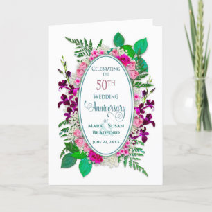 50th Weding Anniversay, Oval, Cottage Flowers Card
