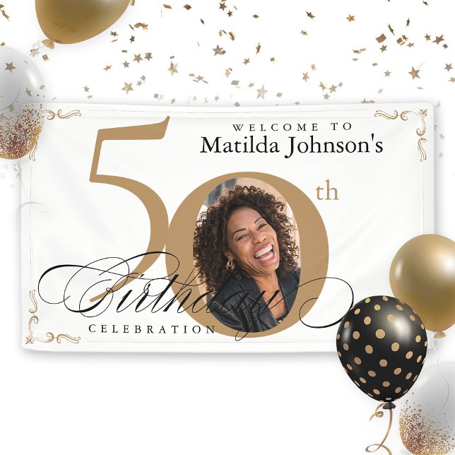 50th White Gold Elegant Calligraphy Photo Birthday Banner (50th White Gold Elegant Calligraphy Photo Birthday Banner)