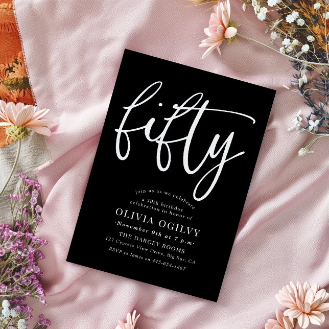 50th White on Black Birthday Party Modern Script Invitation (Creator Uploaded)