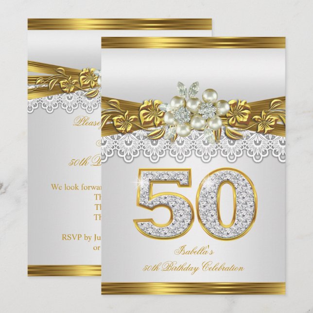 50th White Pearl Gold Lace Floral Birthday Party Invitation (Front/Back)