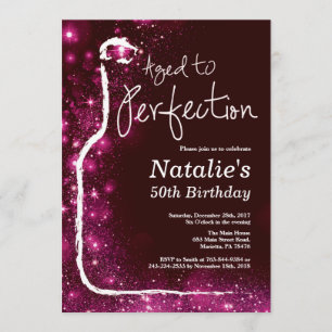 50th Wine Birthday Aged to Perfection Pink Glitter Invitation