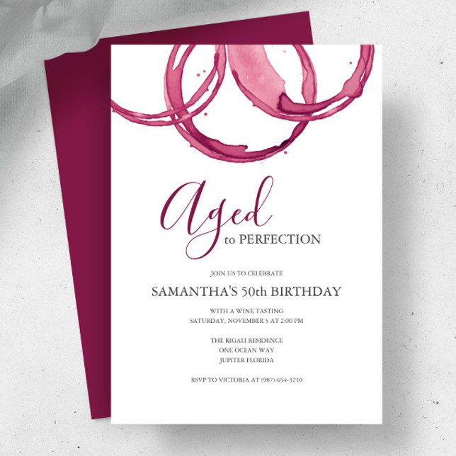50th Wine Invitation For Birthday Party (Wine tasting birthday party invitation aged to perfection with red wine rings. )