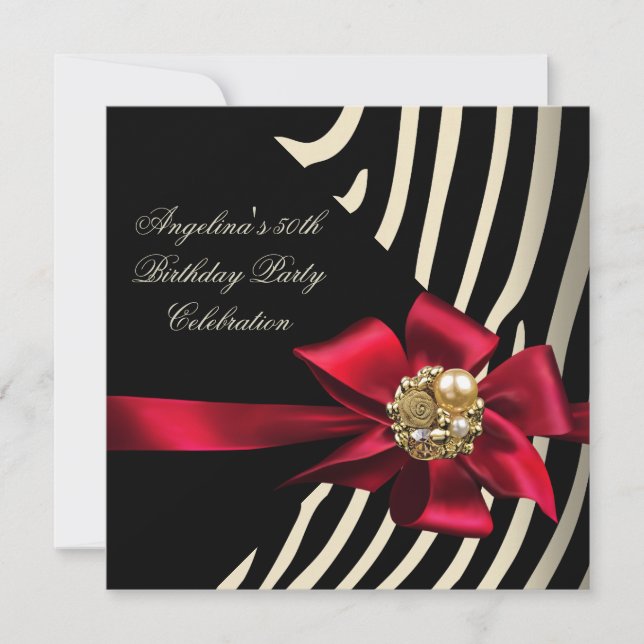 50th Zebra Red Gold Cream Black Birthday Party Invitation (Front)