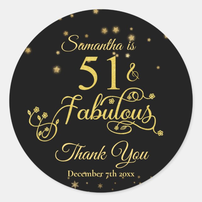 51 and Fabulous 51st Birthday Gold Glitter Black Classic Round Sticker (Front)