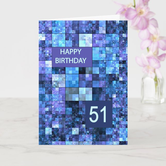 51st Birthday, Blue Squares, Card (Orchid)