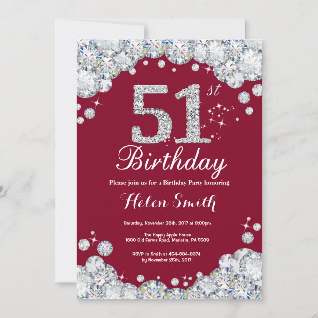 51st Birthday Burgundy Chalkboard Silver Diamond Invitation (Front)