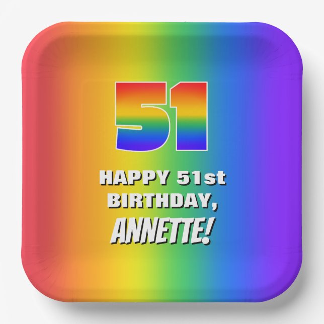 51st Birthday: Colourful, Fun Rainbow Pattern # 51 Paper Plate (Front)