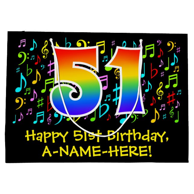 51st Birthday - Colourful Music Symbols, Rainbow 5 Large Gift Bag (Back)