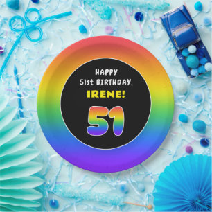 51st Birthday: Colourful Rainbow # 51, Custom Name Paper Plate