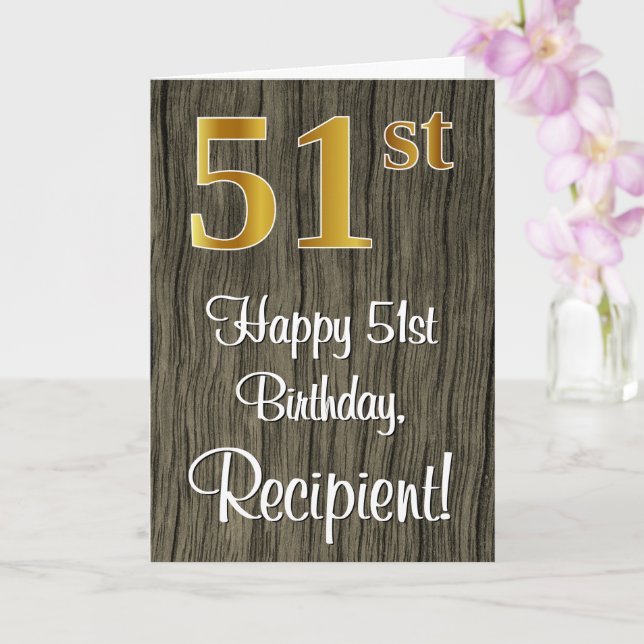 51st Birthday: Elegant Faux Gold Look #, Faux Wood Card (Orchid)
