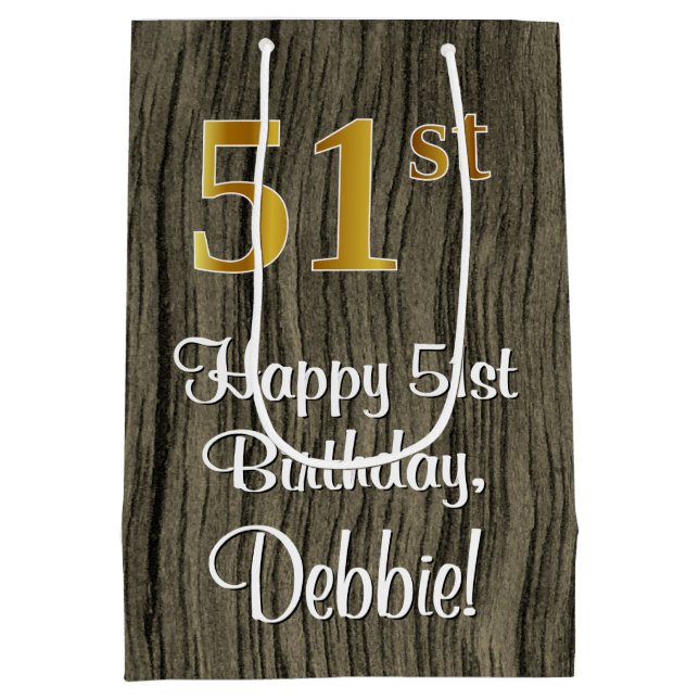 51st Birthday: Elegant Faux Gold Look #, Faux Wood Medium Gift Bag (Back)
