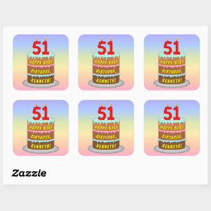 51st Birthday: Fun Cake and Candles + Custom Name Square Sticker