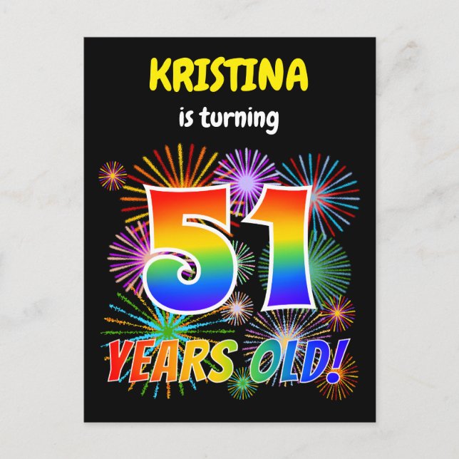 51st Birthday - Fun Fireworks, Rainbow Look "51" Postcard (Front)