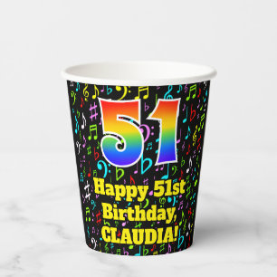 51st Birthday: Fun Music Notes Pattern, Rainbow 51 Paper Cups