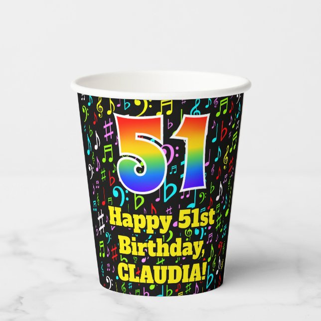 51st Birthday: Fun Music Notes Pattern, Rainbow 51 Paper Cups (Back)