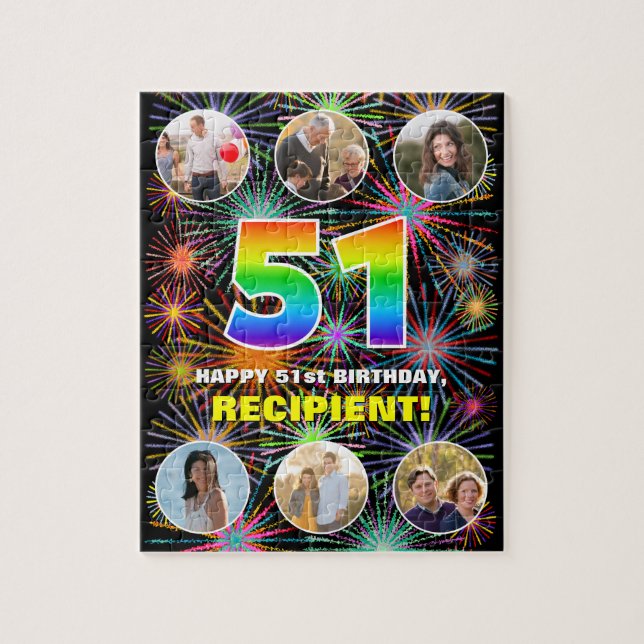 51st Birthday: Fun Rainbow #, Custom Name + Photos Jigsaw Puzzle (Vertical)