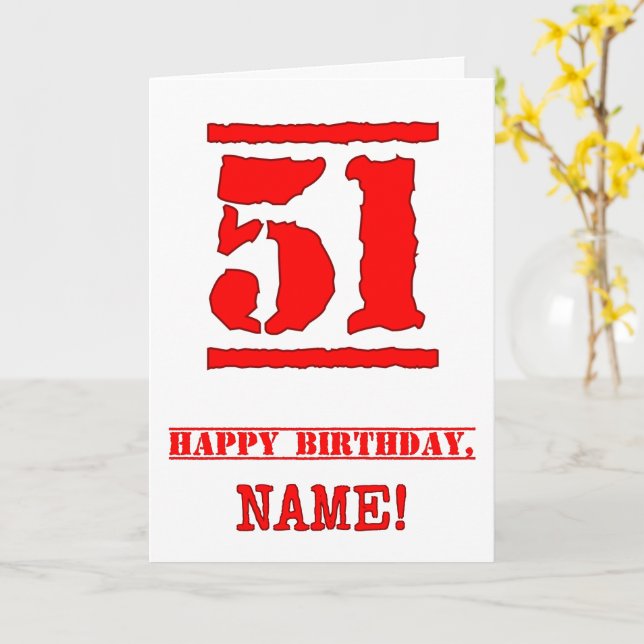 51st Birthday: Fun, Red Rubber Stamp Inspired Look Card (Yellow Flower)