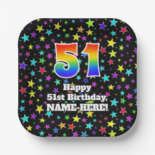 51st Birthday: Fun Stars Pattern and Rainbow “51” Paper Plate