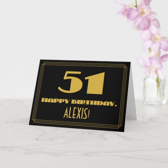 51st Birthday: Name + Art Deco Inspired Look "51" Card (Orchid)