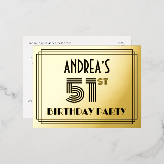 51st Birthday Party ~ Art Deco Style “51” + Name Foil Invitation Postcard (Front/Back)